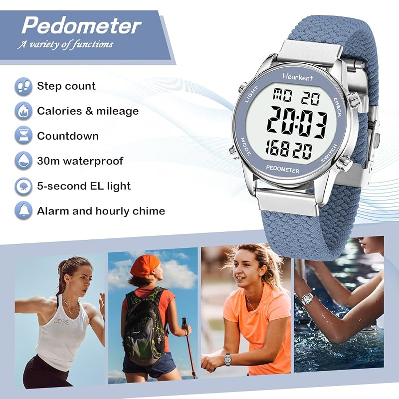 Hearkent Blue Pedometer Watch – Step, Mileage & Calorie Tracker, Large Digits