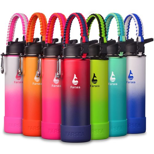 Farsea Insulated Water Bottle With Paracord Handle, Protective Silicone Boot and 2 Lids (Straw Lid & Spout Lid), Stainless Steel Water Bottle Wide Mouth, Double Wall Sweat-Proof BPA-Free, 24 oz