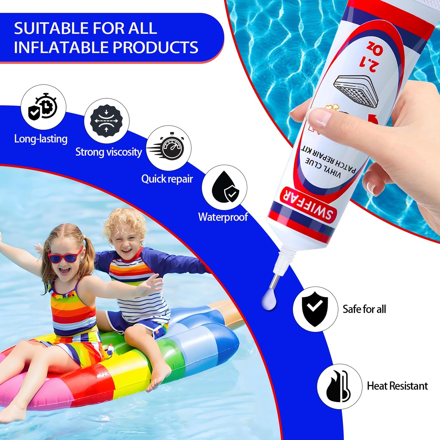 Air Mattress Patch Kit, Heavy Duty Underwater Pool Liner Patch Kit, Effective Vinyl Glue for Above Ground Pool, Paddle Board, Float, PVC Boat, Raft, Air Bed, Bounce House, Hot Tub, Gentle Formula