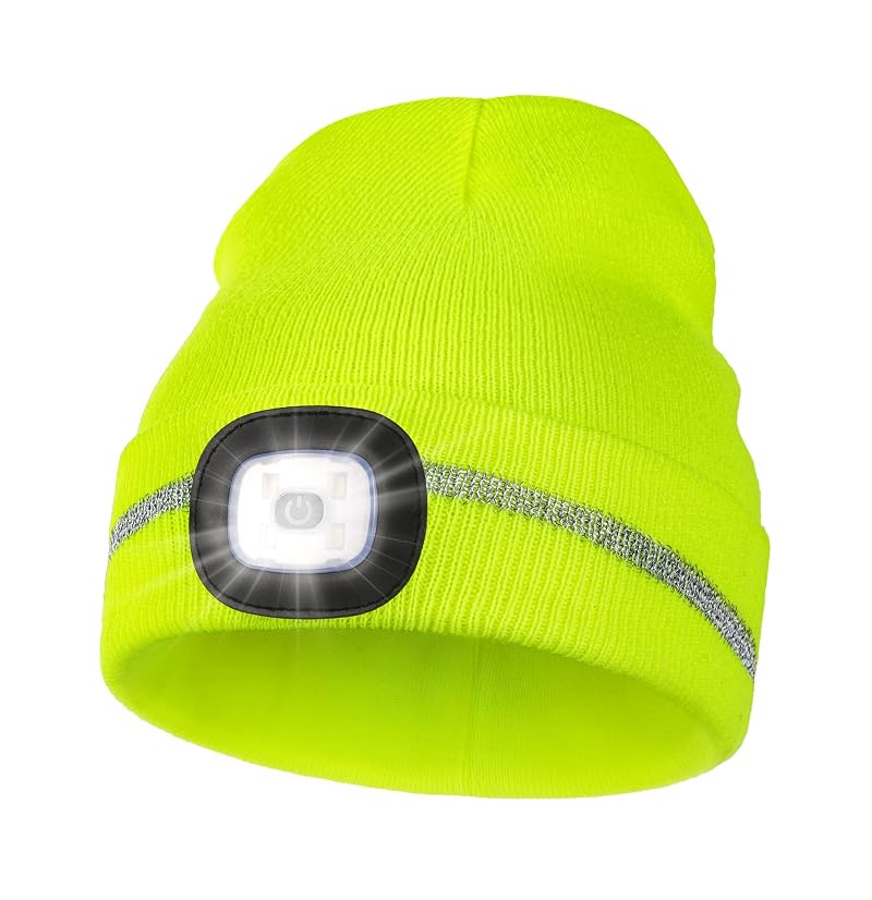 MELASA Reflective Stripe Beanie with LED Light - Fluorescent Yellow