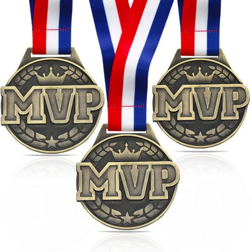 YUJUE 3pcs MVP Champion Medals, 3 Inch Large Gold Medals, Most Valuable Player Medals for Football Fantasy Basketball Soccer Sports Achievement MVP Gift with Neck Strap