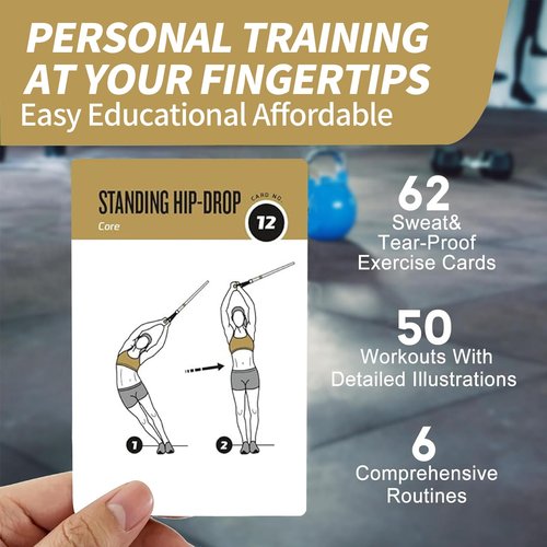 ELAORY Suspension Workout Cards, 62 Exercises Cards Deck Large Size 5" x 3.5" Fitness Cards for Women & Men, Beginner Fitness Guide to Training Exercises at Home or Gym (Suspension, Vol 1)
