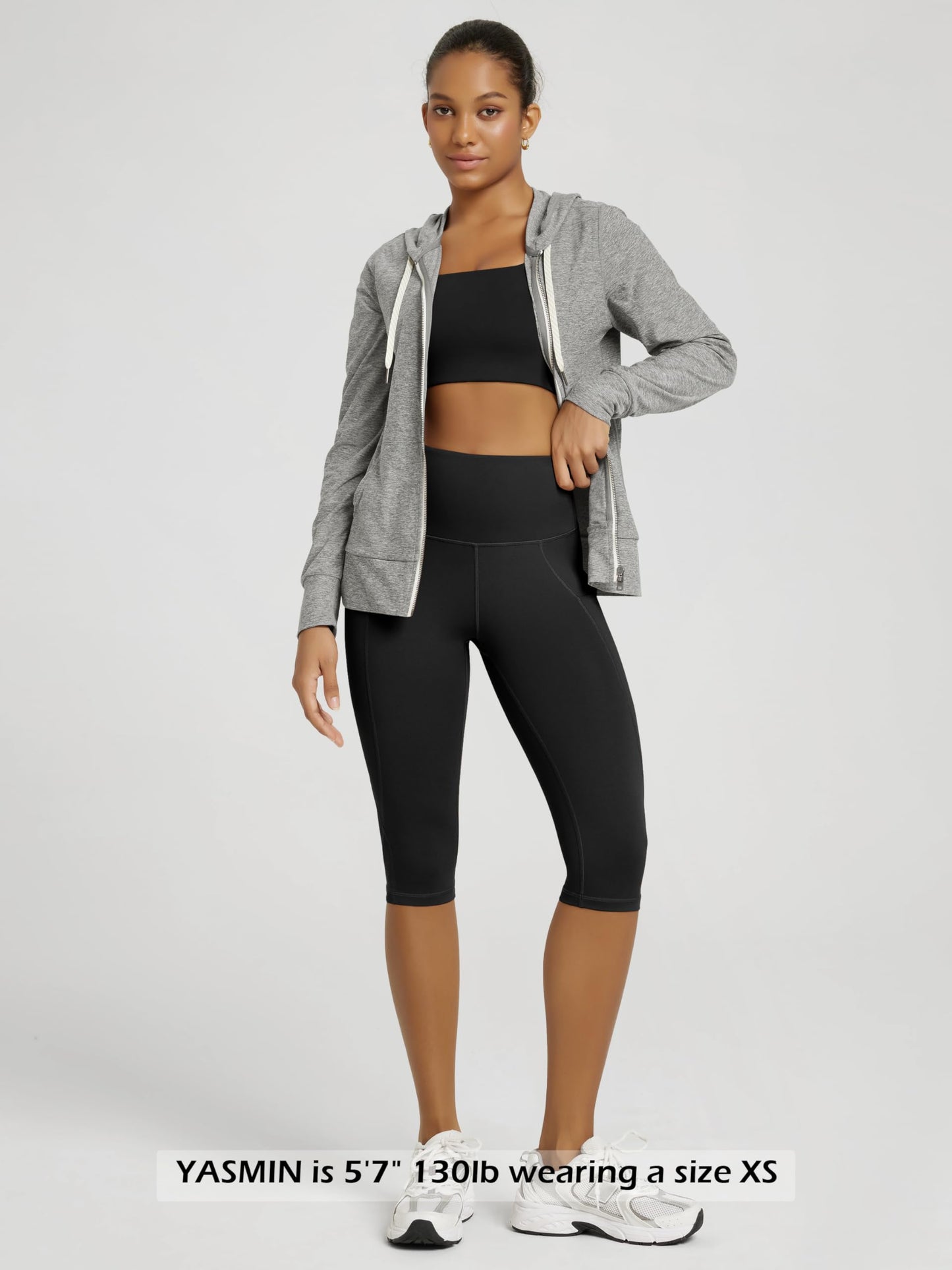 ODODOS Women's Knee Length High Waisted Yoga Capri Leggings with Pockets, Workout Running Sports Athletic Yoga Capris, Black, Large