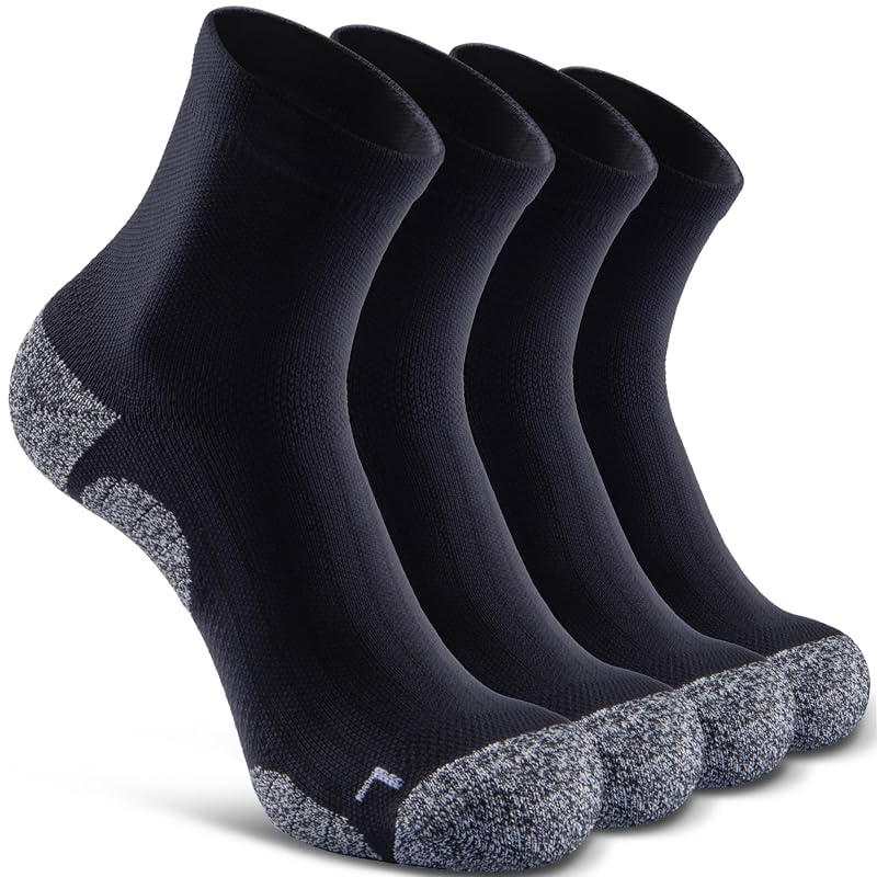 Quarter Compression Socks for Men & Women, Cushioned Athletic Socks - 4 Pairs, Black, Large