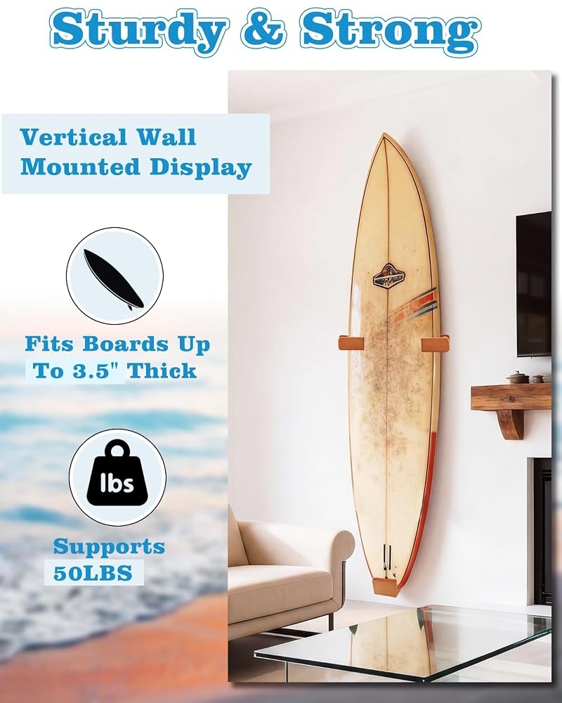 Adjustable Beech Wood Surfboard Wall Mount Rack Holds Up to 70 lbs