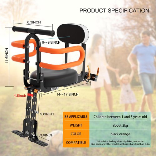 XIEEIX Front Mounted Child Bike Seats, Foldable Kids Bike Seat with Guardrail Seat Back, Adjustable Seat and Pedal Child Bike Seat, Safety Child Seat Suitable for Folding Bicycles and City Bikes, Etc