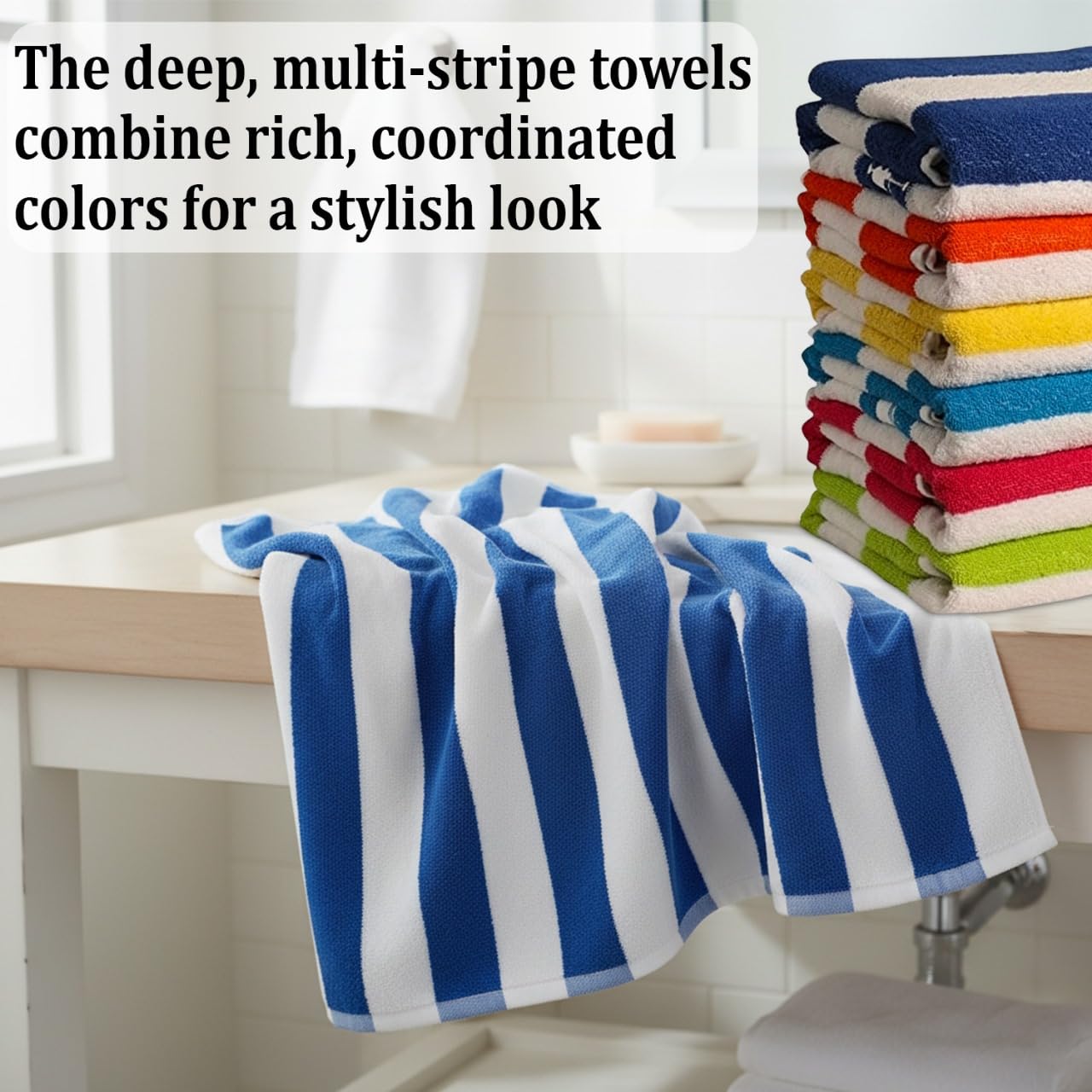 QUBA LINEN 100% Cotton Beach Towels, Cabana Stripe Beach Towel, Large Pool Towels, Highly Absorbent, Light Weight, Soft and Quick Dry Swim Towels, for Parties, Guests (Pack of 6)