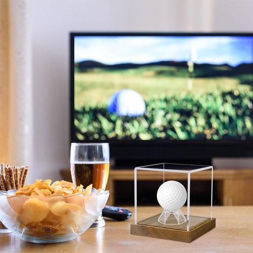 Hooqict Golf Ball Display Case Clear Acrylic Golf Ball Memorabilia Display Case with Wood Base and Ball Holder Stand Showcase Cube Single Golf Collection Box