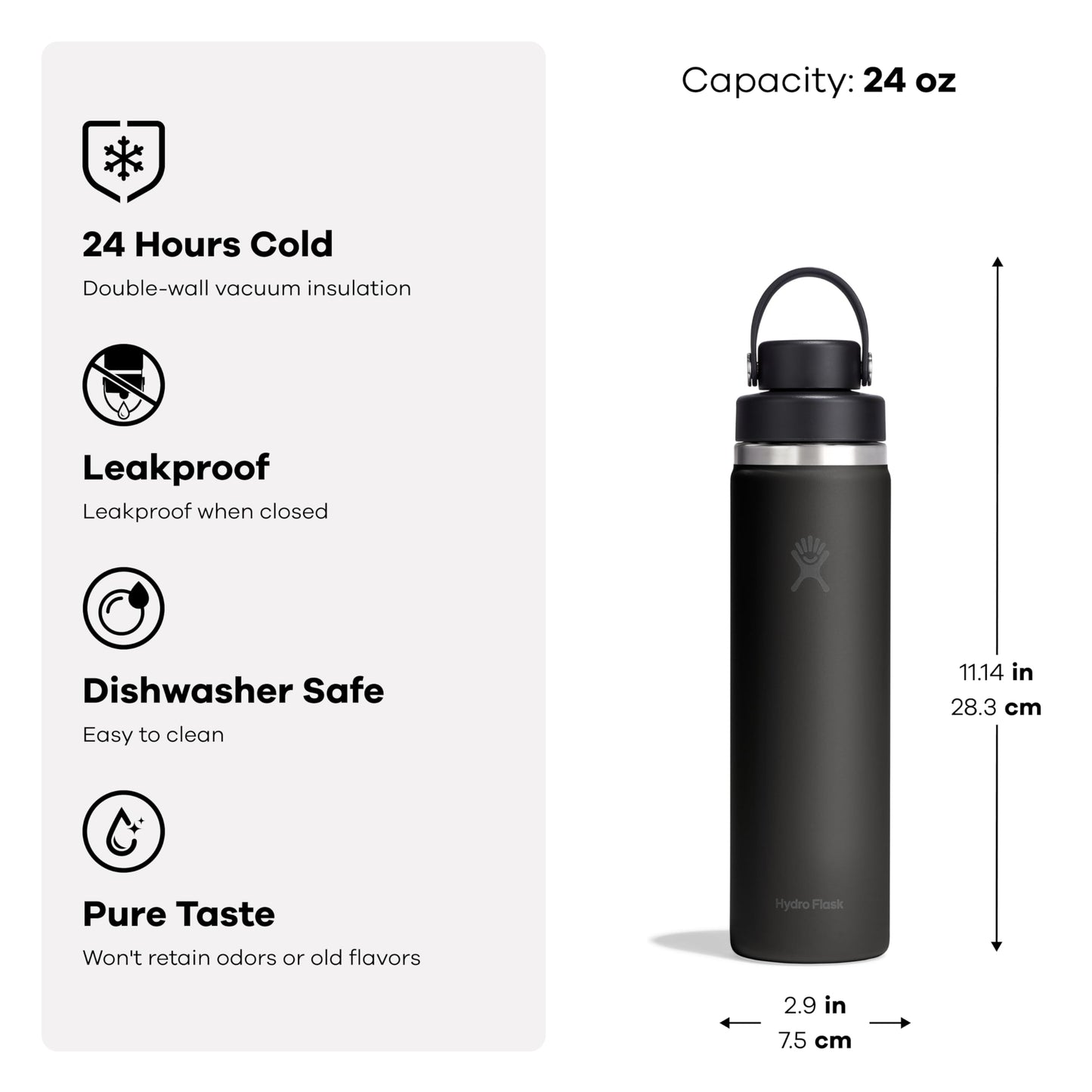 Hydro Flask Water Bottle - Insulated Stainless Steel - Wide Mouth Flex Chug Lid, Non Spill, Leakproof in 24 Oz Shale Gray