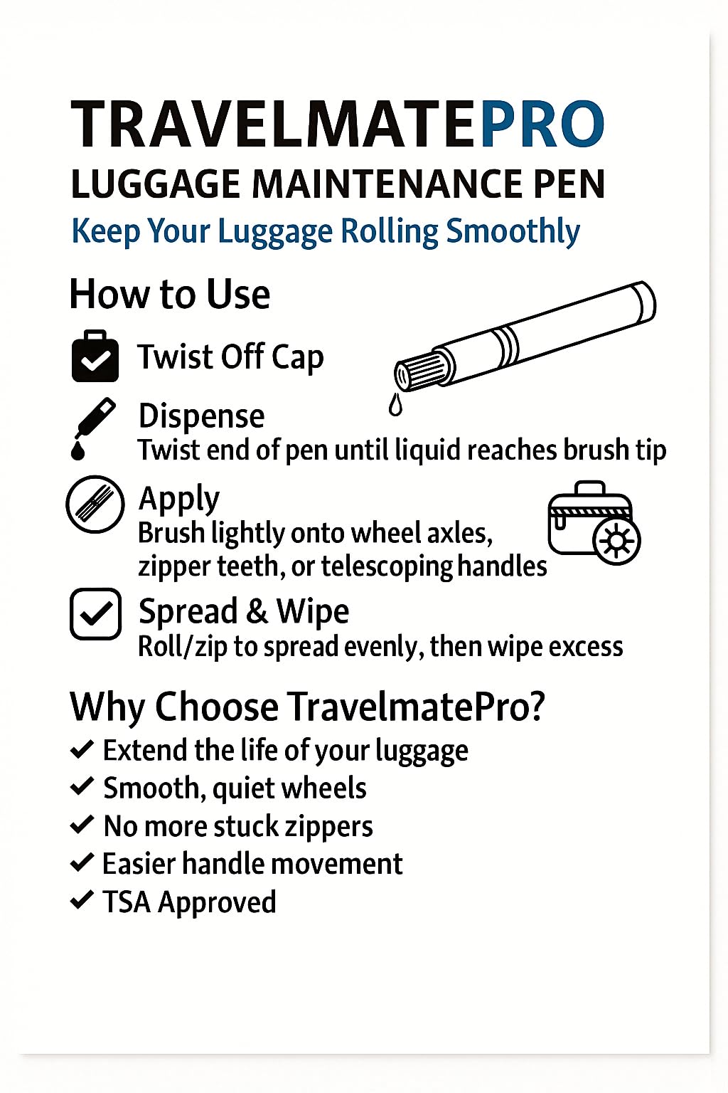 TravelMatePro TSA Approved Luggage Wheel Lubricant Pen - Silent Suitcase Wheels, Smooth Zippers & Handles