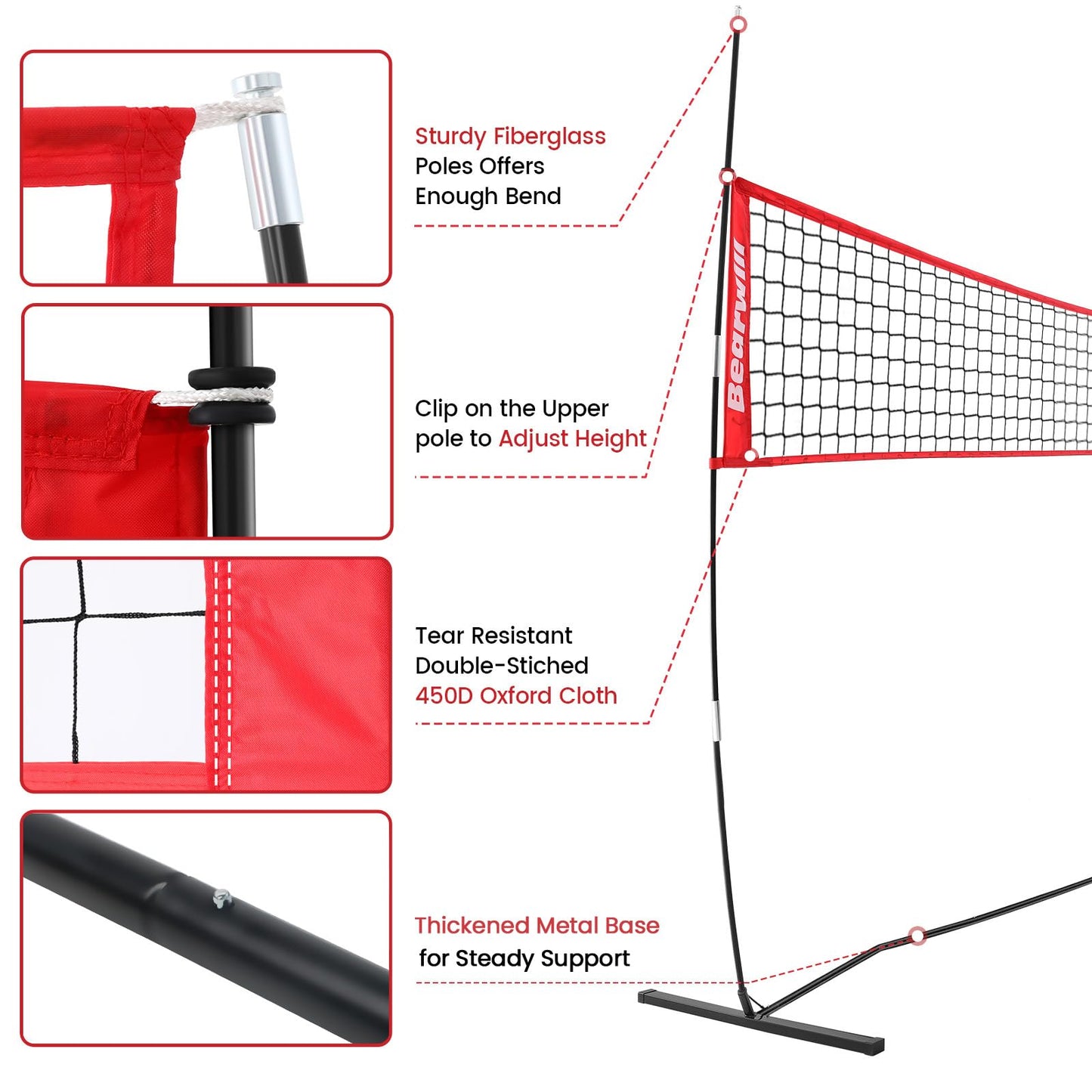 Bearwill Volleyball Net, 12FT Portable Volleyball Net for Backyard, Freestanding Volley Ball Set Height Adjustable with Carry Bag, Volley Ball Practice Nets Training Equipment for Indoor and Outdoor
