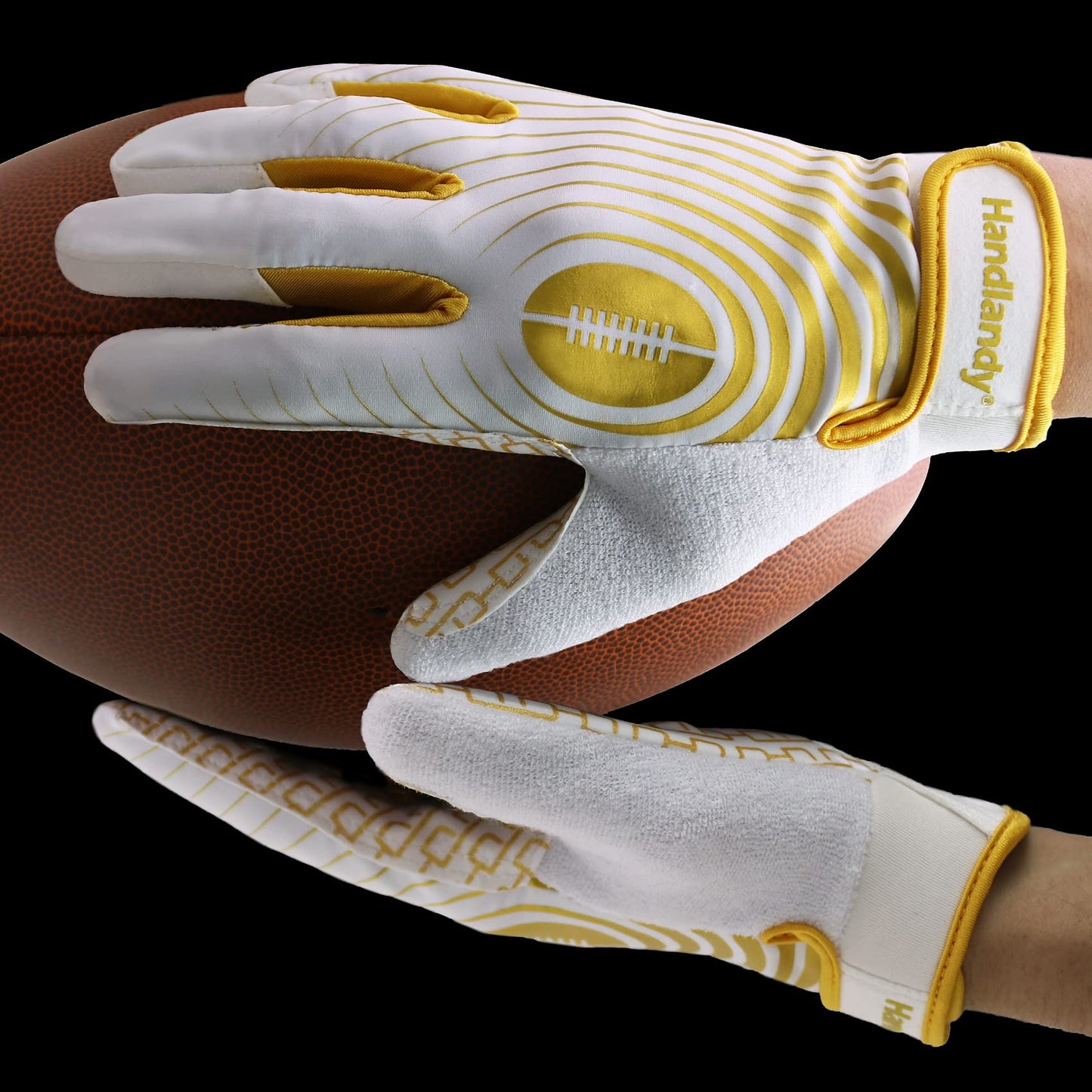 HANDLANDY Youth Football Gloves, Sticky Wide Receiver Gloves for Kids, White and Gold Stretch Fit Football Glove (White and Gold, Medium)