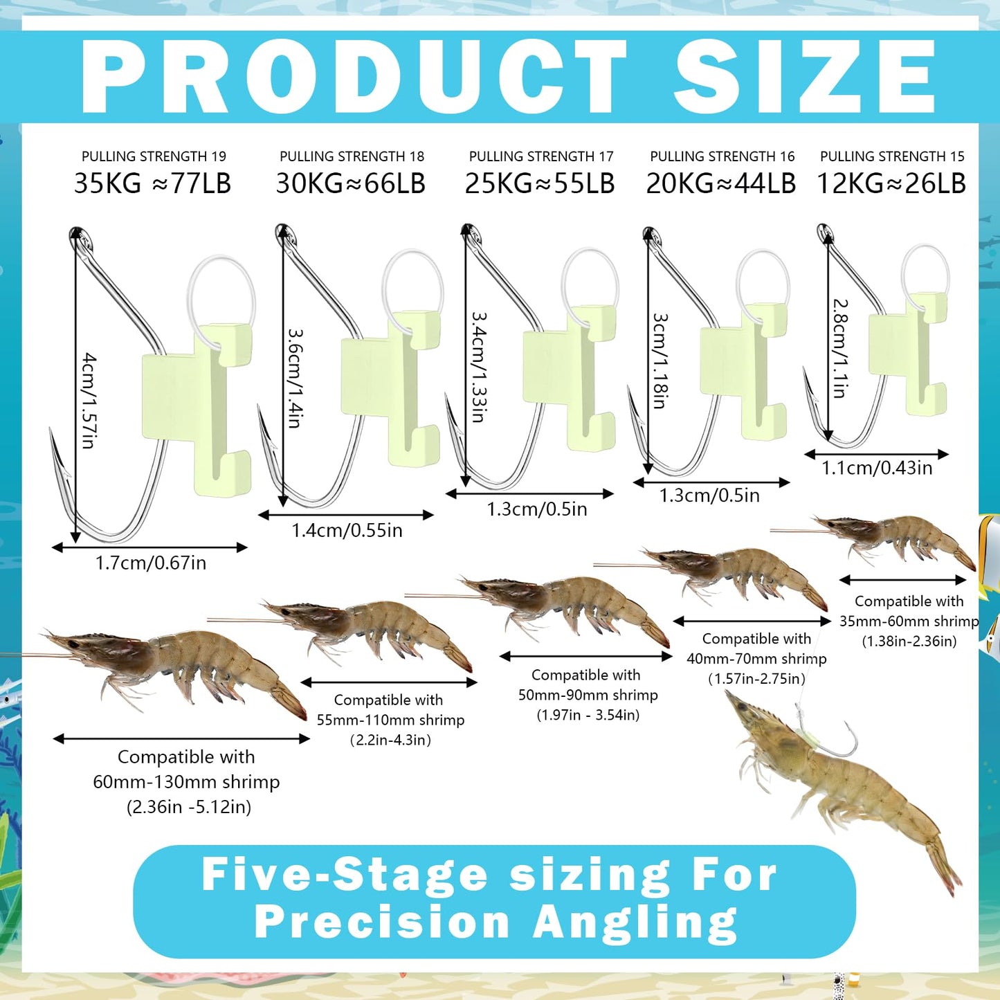 Motionchic 30 Pcs Luminous Live Shrimp Hooks Bulk Fishing Bait Hooks with Barbed High Carbon Steel Corrosion Resistant Sizes 15 16 17 18 20 for Bass Groupers Pike Catfish More Saltwater Freshwater