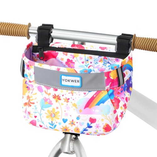 YOKWER Kids Bike Basket Front for Boys Girls, Waterproof Bicycle Front Basket Handlebar Bag with Reflective Safety Straps, Easy to Install Kids Bike Scooter Accessories (Pink Flower)