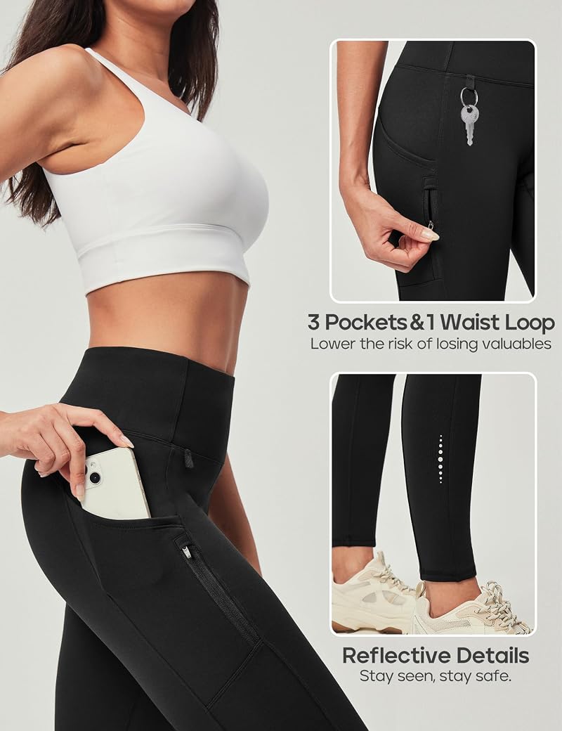 Heathyoga Fleece Lined Leggings Women with Pockets - Black, Medium