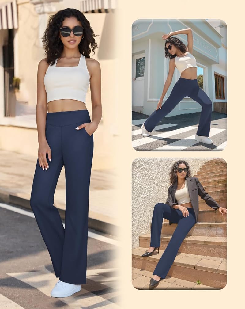 Navy Blue Women's Stretchy Yoga Dress Pants with Pockets - High Rise, 4-Way Stretch