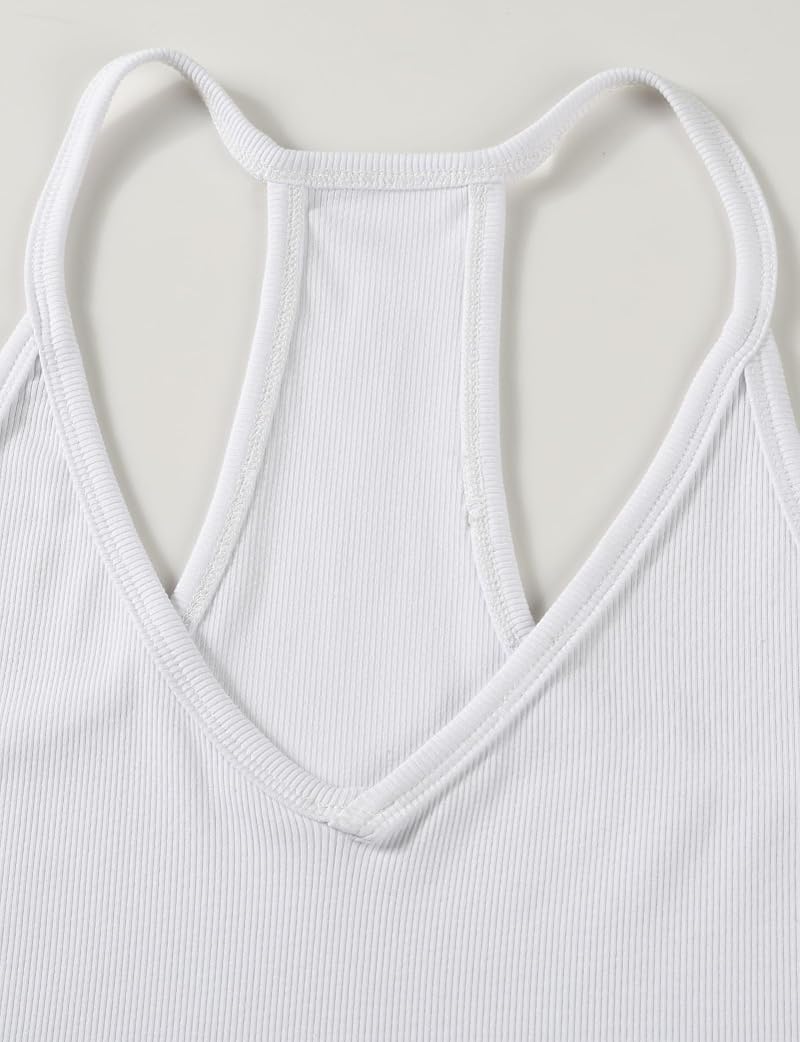 AURUZA White Small Ribbed Racerback V-Neck Tank Top for Women - Long Length, Slim Fit