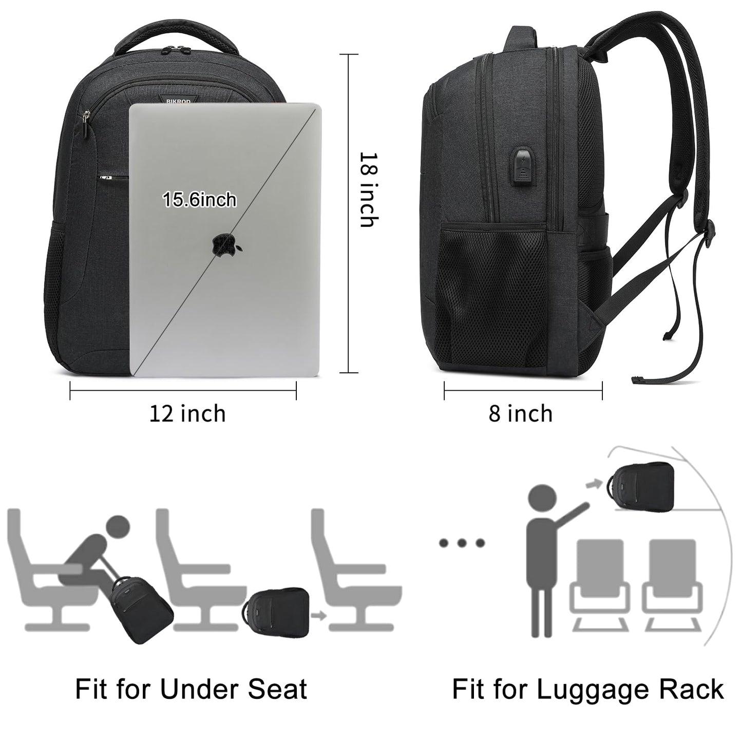 BIKROD Backpack for Men and Women, School Backpack for Boys, Water Resistant Business Travel Laptop Back Pack Fit 15.6 Inch Laptop with USB Charging Port, Black