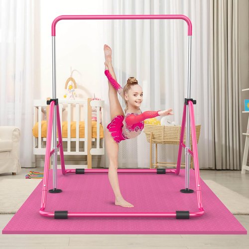 Gymnastic Bars for Kids with Adjustable Height, Folding Gymnastic Training Kip Bar, Junior Expandable Horizontal Monkey Bar for Home (Pink_Mat)