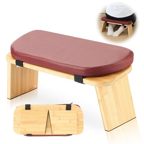 Beeveer Folding Meditation Bench with Leather Cushion Bamboo Stool Comfortable Prayer Seat Seiza Meditation Chair for Yoga, Travel, Pray, Zen Practice Stool