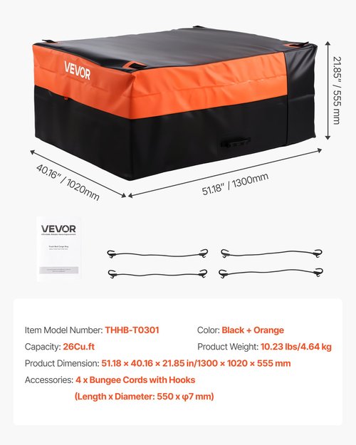 VEVOR Truck Bed Cargo Bag, Waterproof 840D PVC, 51.18 x 40.16 x 21.85 in (26 Cubic Feet), Heavy Duty Cargo Bag for Truck Bed with 4 Bungee Cords with Hooks, Fits a Variety of SUV and Pickup Trucks