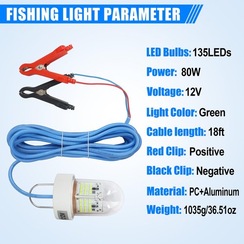 Underwater Fishing Light 80W 12V 40000 Lumens Green Attracting Fish Lights LED Submersible Fish Finder Lamp IP68 Waterproof for Freshwater and Saltwater Short