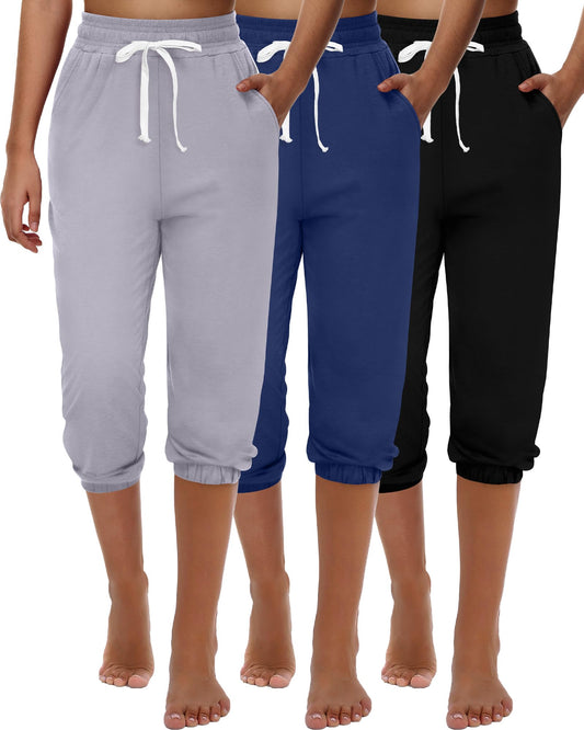 Ficerd 3 Pcs Women's Capri Sweatpants Joggers Casual Sports Cropped Lounge Pants High Waisted Athletic with Pockets (Black, Indigo Blue, Light Gray,XXLarge)