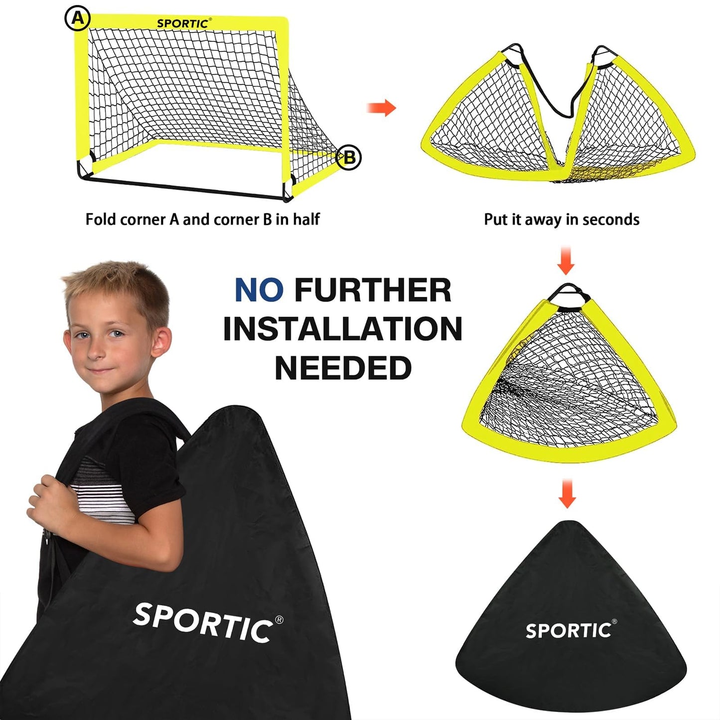 2 Pack 4' x 3' Soccer Goal Net Set, Pop Up Kids Practice Soccer Goals for Indoor and Outdoor.Portable Soccer Net with Carrying Bag & Ground Pegs, Perfect for Backyard, Field, Court (Yellow)