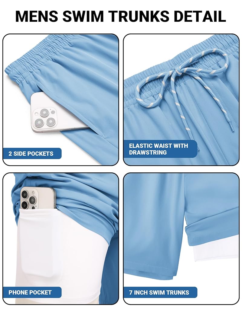 2 in 1 Mens Swim Trunks 7 Inch Board Shorts Light Blue XL