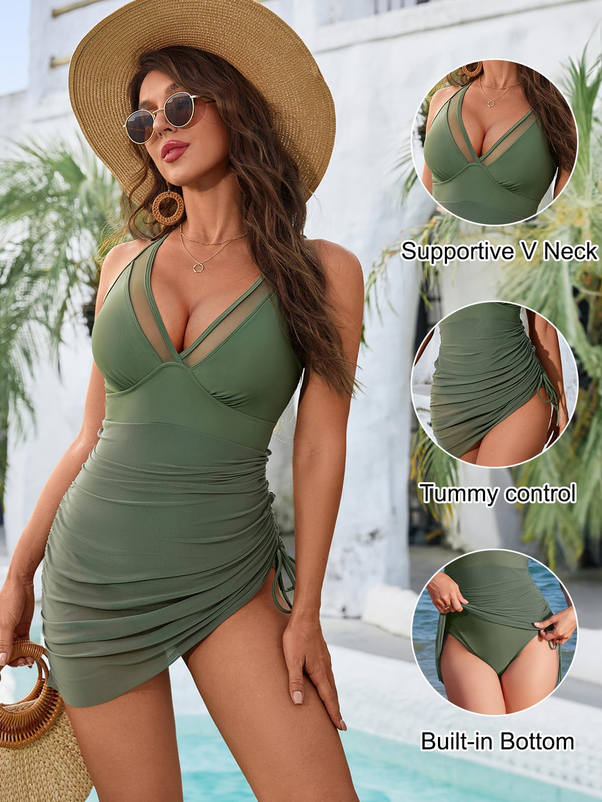 Blooming Jelly Women One Piece Swim Dress Tummy Control Swimsuits Modest Mesh Sheer V Neck Swimdress (M, Blue Green Mesh)