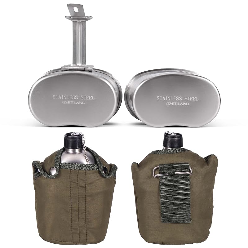 Goetland 1QT Stainless Steel WWII US Army Canteen with Cup & Nylon Pouch – Grab Handle Cup Variation