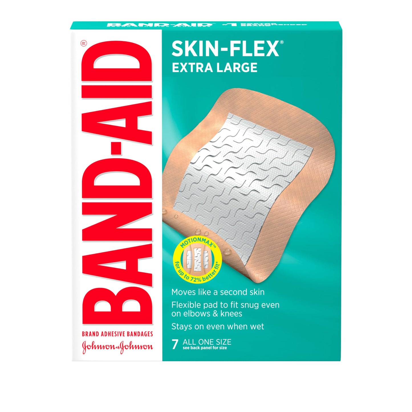 Band-Aid, Brand Skin-Flex Adhesive Bandages for First Aid and Wound Care of Minor Cuts and Scrapes and Burns, Flexible Sterile Bandages for Fingers and Knees, Extra Large, All One Size, 7 Count