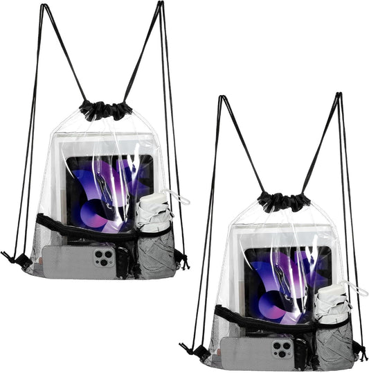 2 Pack Clear Drawstring Backpack Clear Drawstring Bags See Through Transparent PVC Backpack String Cinch Bag for Concerts, Sports, Travel, Work, Black