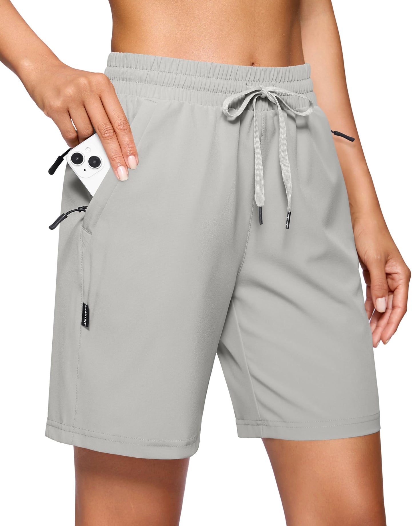 SANTINY Women's 7''/ 9'' Hiking Shorts with 3 Zipper Pockets Lightweight Quick Dry Long Athletic Golf Shorts for Women Casual (Light Grey_M)