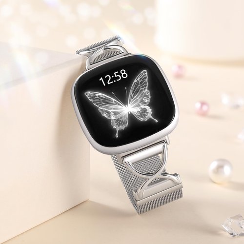 JKD Metal Bands Compatible with Fitbit Versa 4/Sense 2 Bands Women Men, X-Shape Stainless Steel Soft Mesh Loop Strap for Fitbit Sense/Versa 3 Smartwatch, Silver