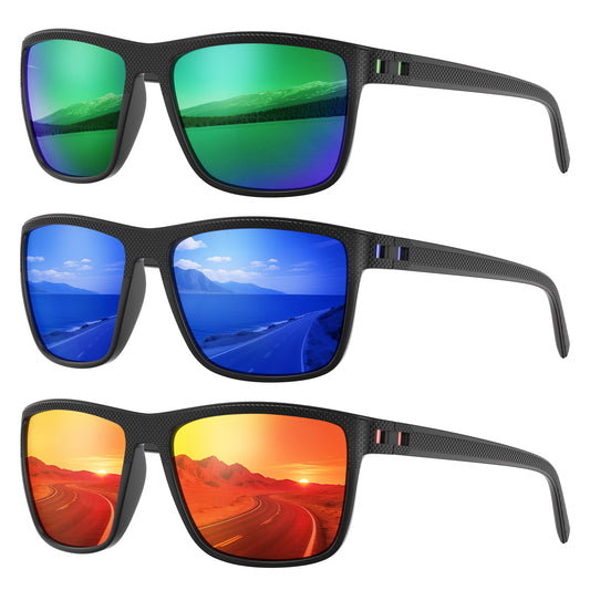 Fanshen Square Polarized Sunglasses for Men, 3 Pack Lightweight UV Protection Sun Glasses for Driving Fishing Golf (Green/Blue/Red)