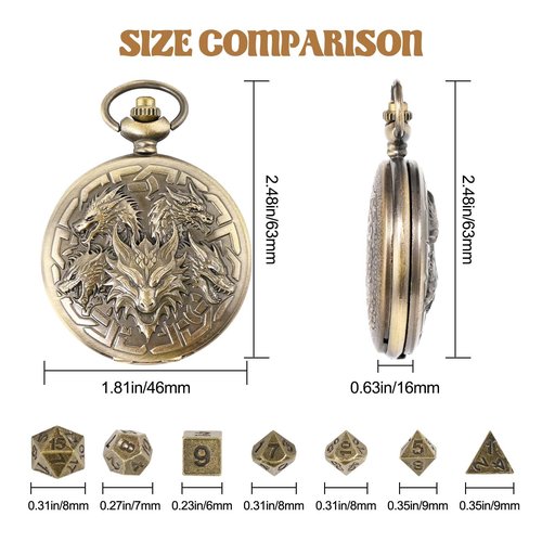 Banloga D&D Dice Set,7PCS Metal Dice for Dungeons and Dragons,Mini Dice Set with Pocket Watch Case,Role Playing Board Games Accessories (Dragon, Bronze)
