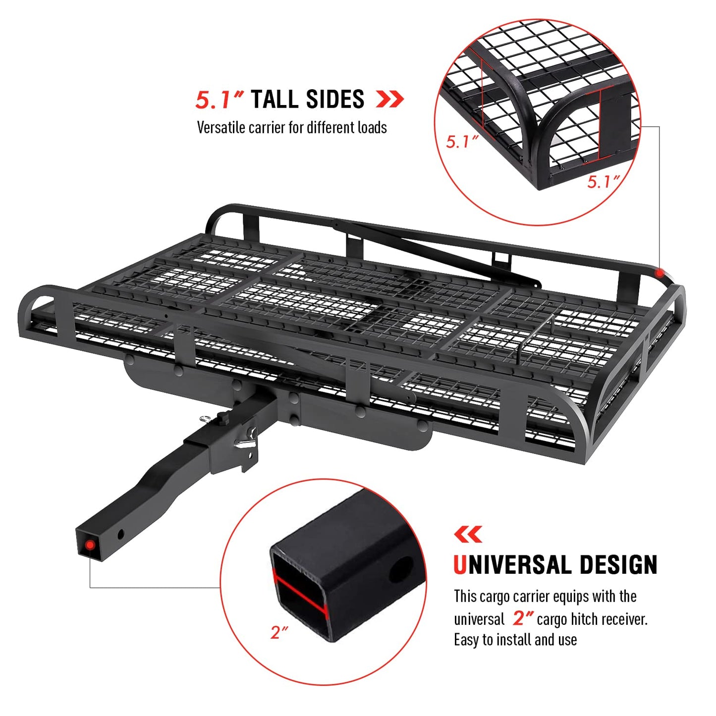 Hitch Mount Steel Cargo Carrier Basket with 49'' Folding Wheelchair Ramp, Fits 2'' Trailer Mounted Hitches