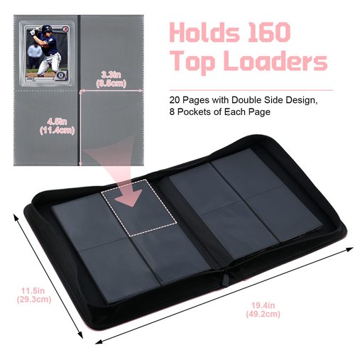 WITHYU Toploader Binder Holds 160 Top Loaders, 4 Pocket Ringless Card Holder for 3" x 4" Rigid Cards, Trading Card Album with 8 Toploaders for Sports, TCG, MTG (Pink)
