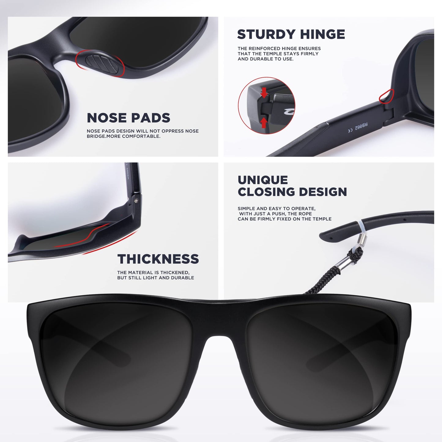 RIVBOS Polarized Womens Mens Sunglasses Fashion UV Protection Sports Driving Baseball Golf Fishing RBS862-Black