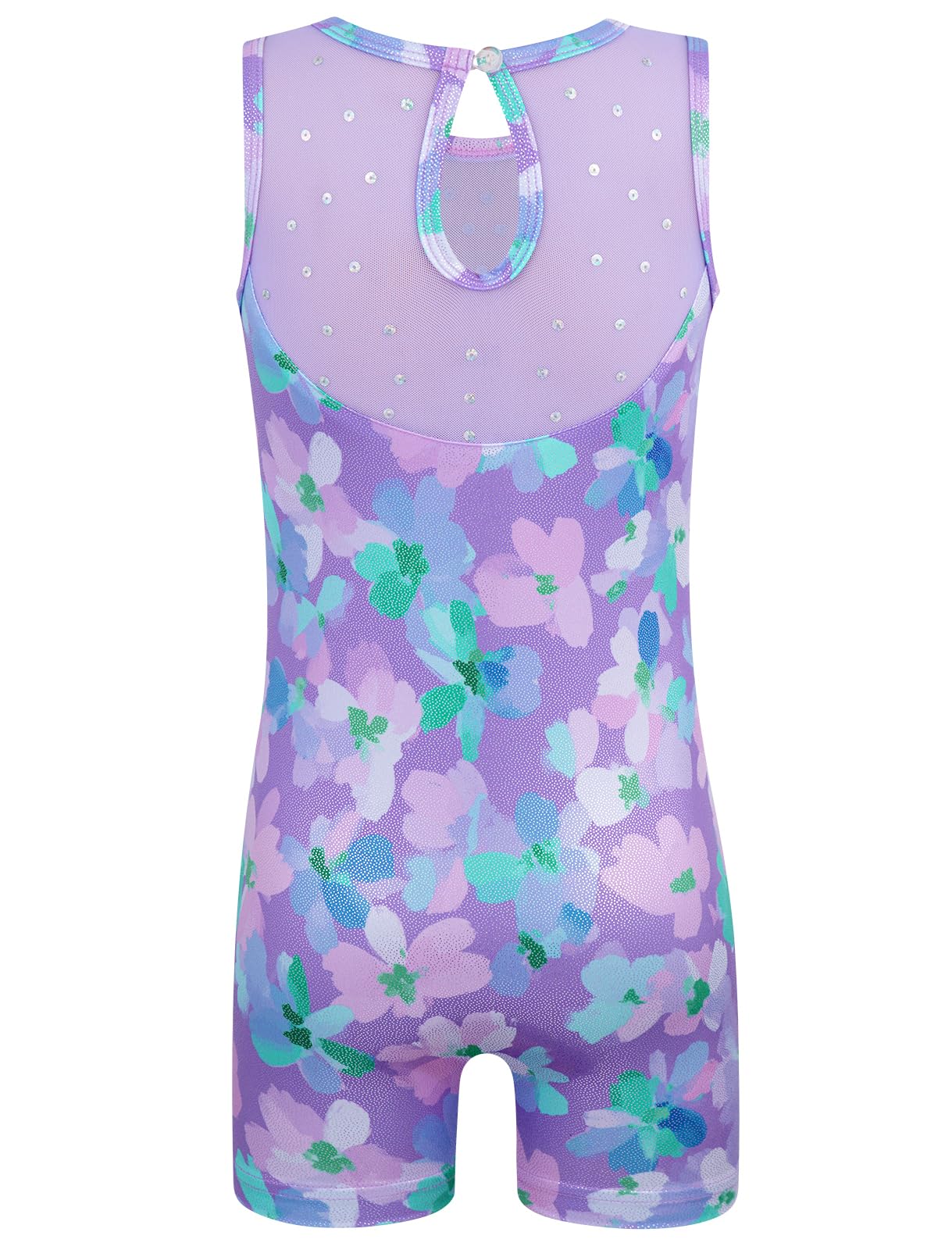 HOZIY Leotards for Girls Gymnastics Mesh Neckline with Iridescent Rhinestones Back Cut Out Sleeveless Size 6-7 Years Purple Floral Biketard Shorts Tumbling Outfits Kids Sparkly Shiny