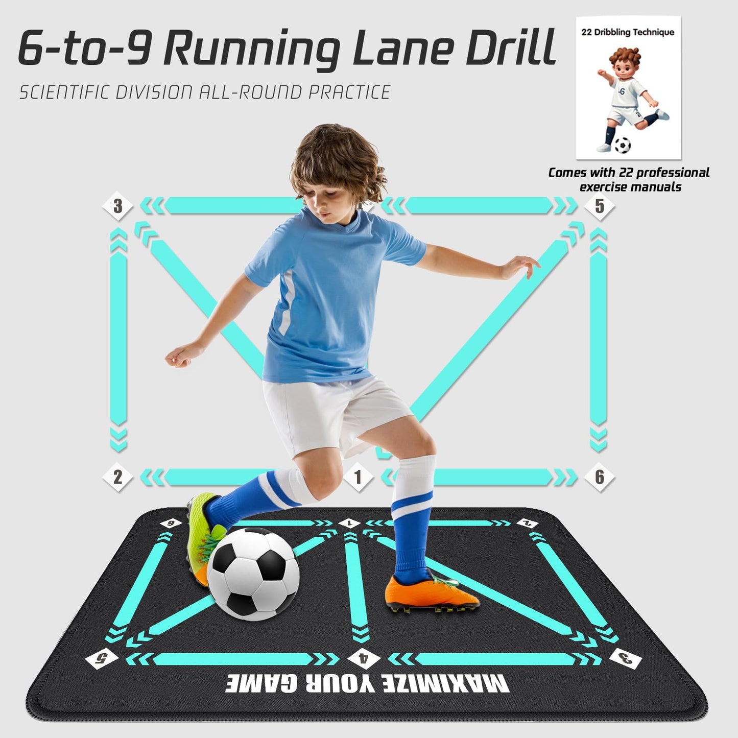 2F22E Soccer Training Mat with Non-Slip Surface and Silent Shock Absorption - Soccer Footwork Training Mat for Teens 6-11 Years Old (Youth Sports Equipment)