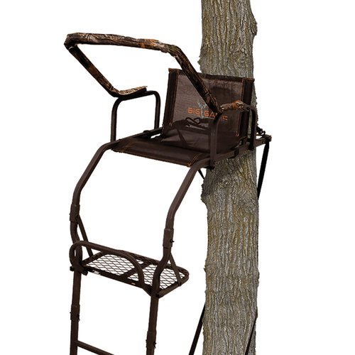 BIG GAME 1-Person Ladder Tree Stand for Hunting Deer, Flex-Tek Seat, 17' Tall, Black - Adjustable Climbing Treestand with Platform and Safety Harness for Shooting