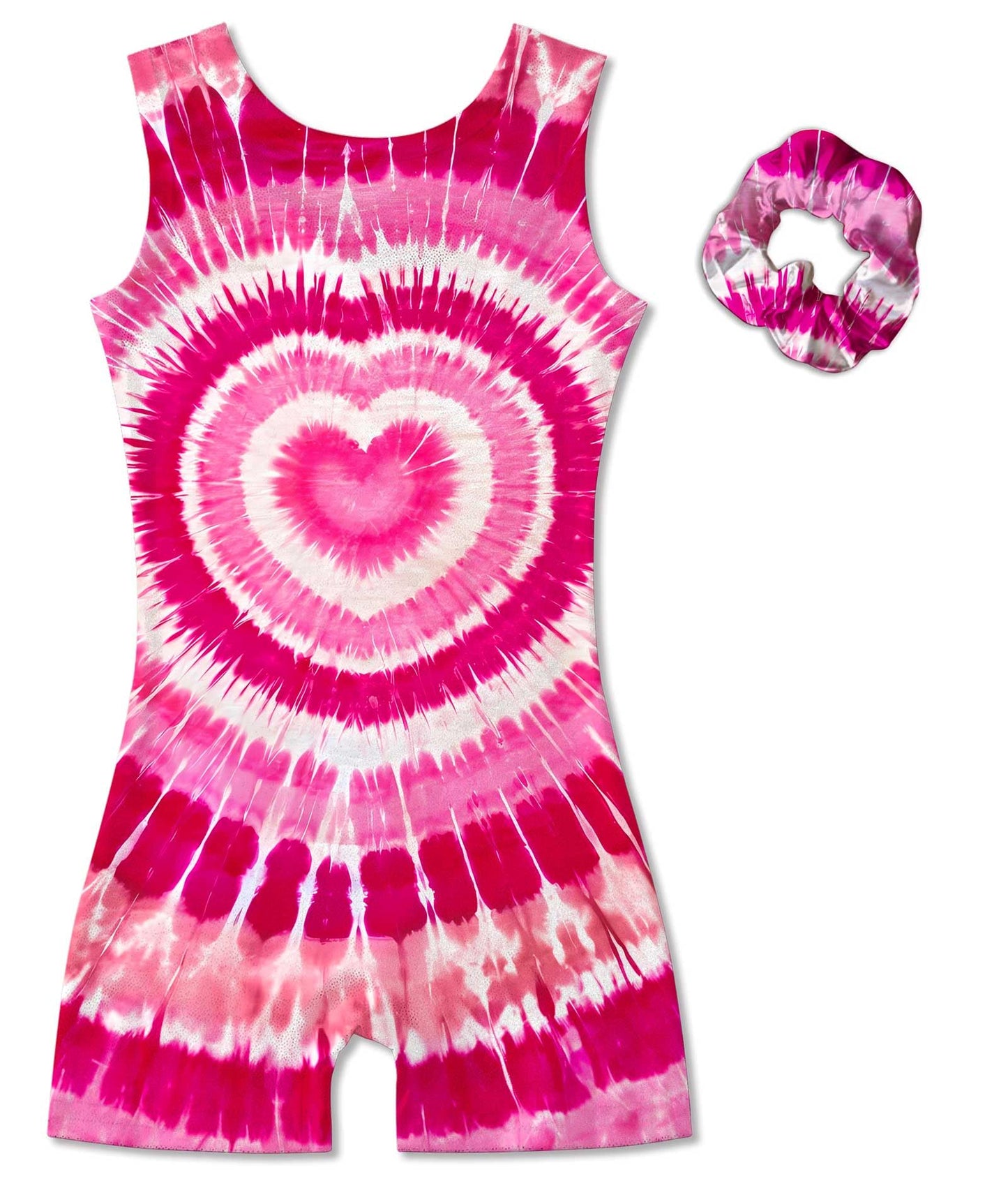 Vogseek Girls Gymnastics Leotards Size 10 Hot Pink 3D Heart Pattern Activewear Sets with Matching Hair Scrunchie Tie Dye Tank Sleeve Shiny Diamonds Athlettic Outfits for Tumbling Class