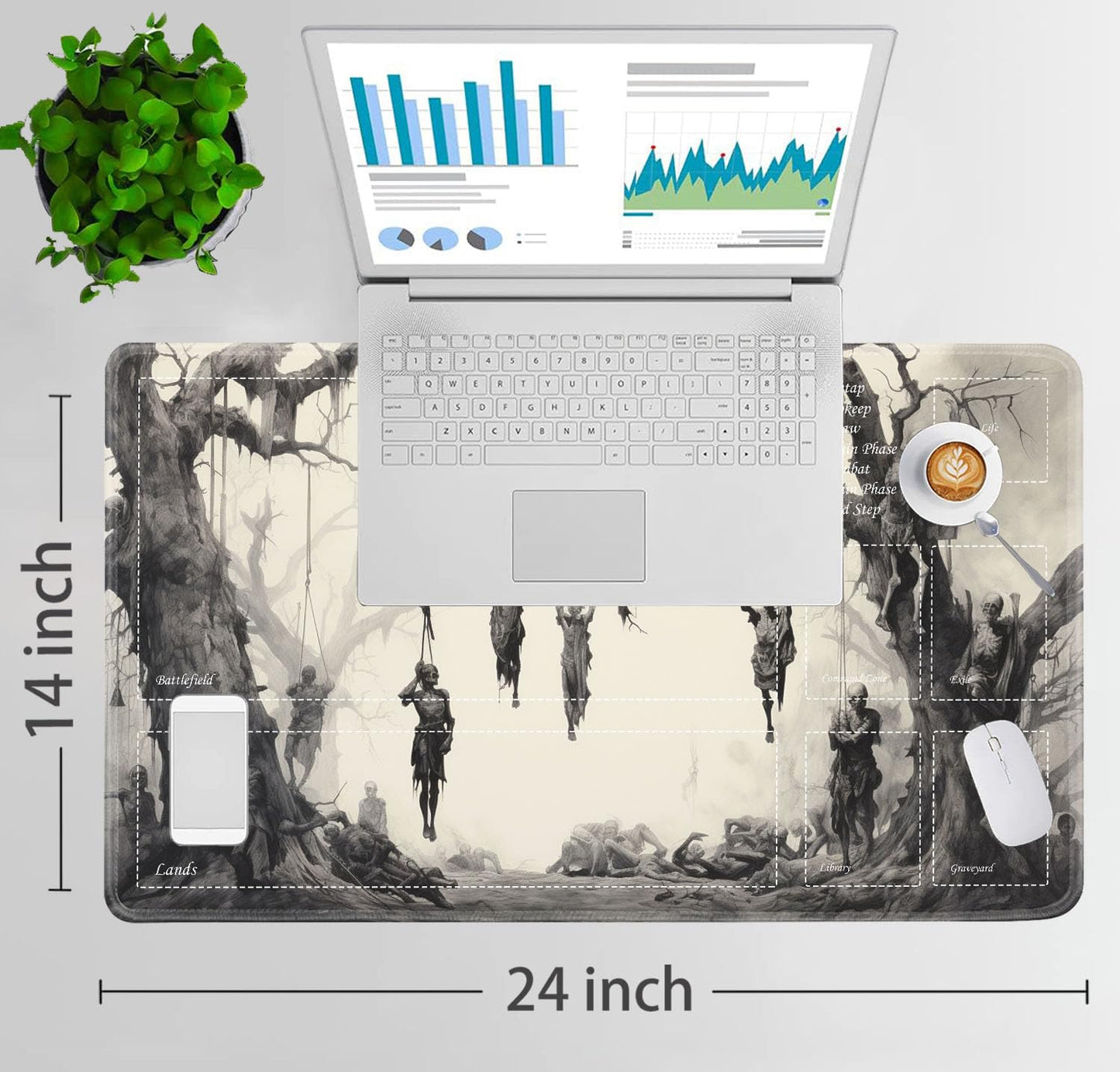 JVGFYNKL for TCG Playmat, Playmat with Zones, 24x14 in Non-Slip Rubber for MTG Playmat with Drawstring Travel Pouch and 6 Dice, Tree of Death, Skeleton for MTG Mat, Card Game Playmats