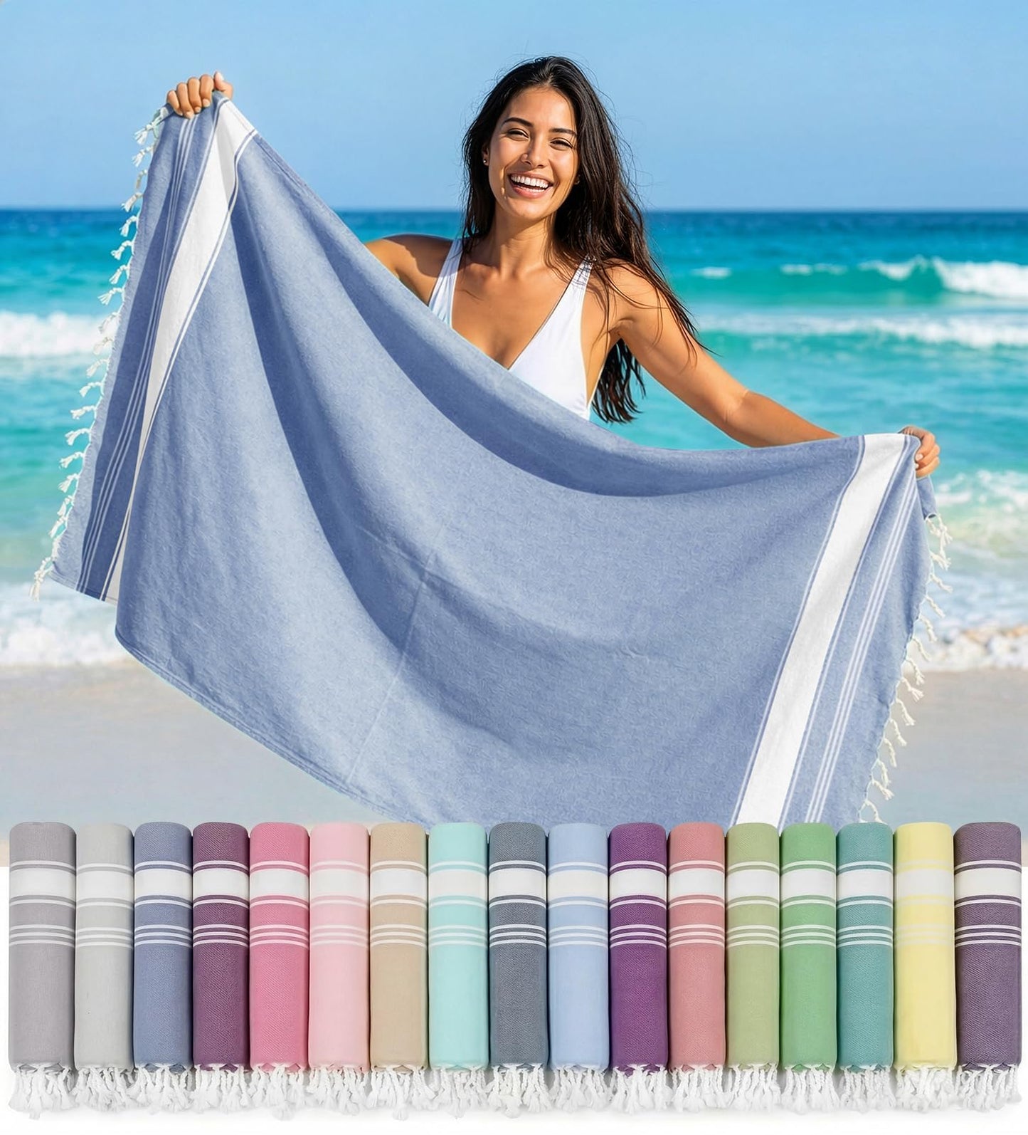 LANE LINEN Turkish Beach Towels, Extra Large Beach Towel, Pre-Washed for Soft Feel, Oversized Sand Free Quick-Dry Pool Towel, Beach Towels for Adults,39" x71" - Forever Blue