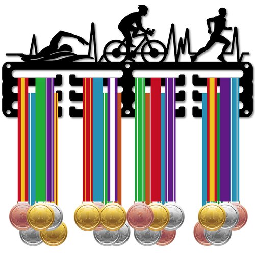 CREATCABIN Triathlon Medal Holder Display Swim Bike Run Medal Hangers Rack Sports Metal Hanging Awards Iron Small Decor Awards for Swimming Running Men Wall Home Badge Medalist Black 11.4 x 5.1 Inch