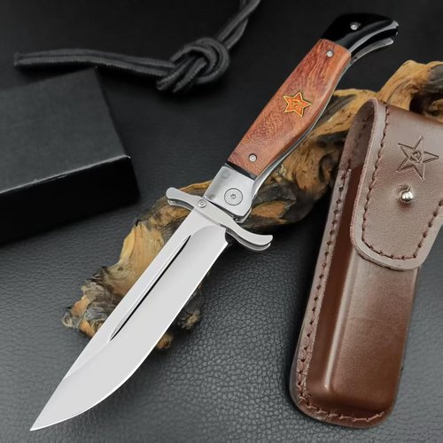 Tongedge Folding knives Tactical Knife, 440C Steel 4'' Blade, Wood Handle, 10.8'' Extended Length, With Leather Sheath