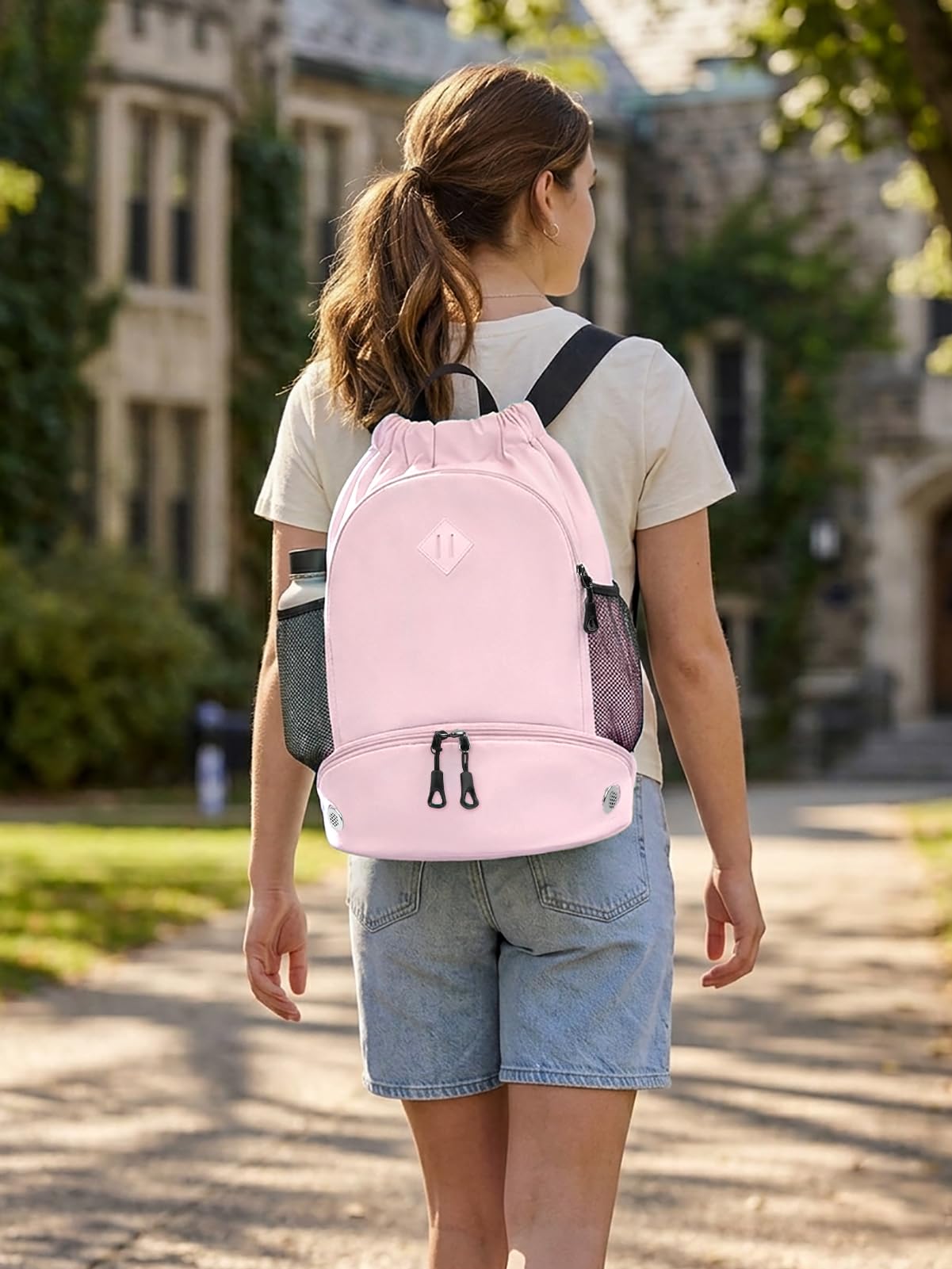 RHDZO Drawstring Backpack Gym Backpack with Shoe Compartment for Men Women String Sports Bag with Wet Pocket Cinch Swim Beach Bag, Large Pink