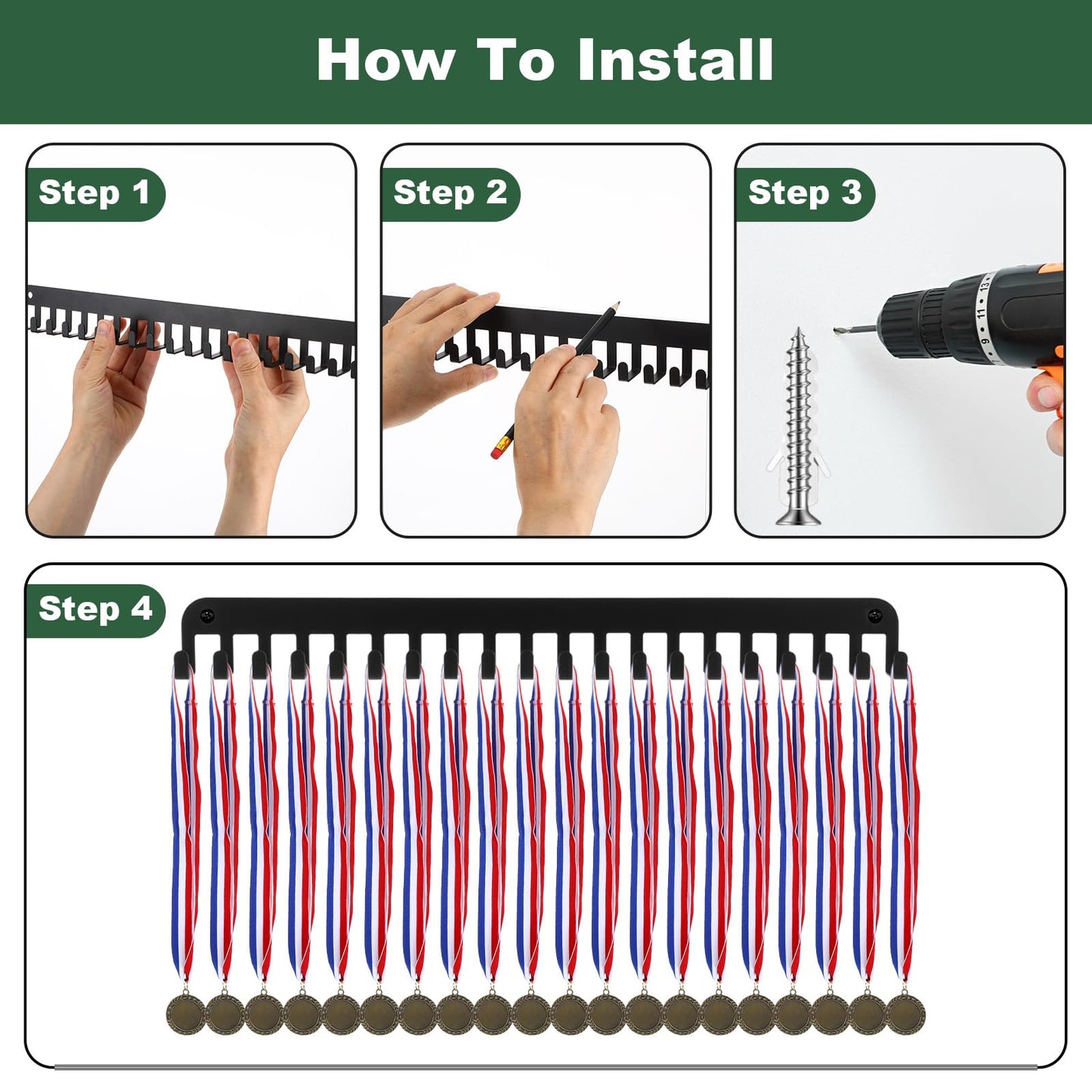 Nodaaiie 2 Pack Medal Hanger Display with 20 Hooks, Medal Holder for Wall, Sports Medal Holder for Running, Gymnastics, Soccer, Wrestling, and More, Easy to Install